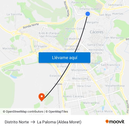 Distrito Norte to La Paloma (Aldea Moret) map
