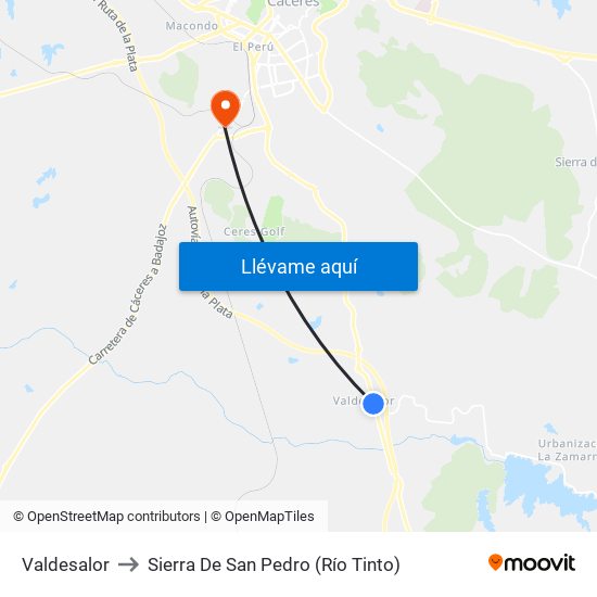 Valdesalor to Sierra De San Pedro (Río Tinto) map