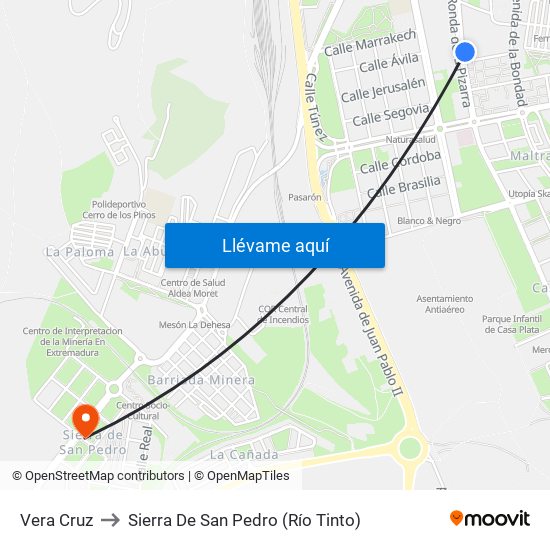 Vera Cruz to Sierra De San Pedro (Río Tinto) map