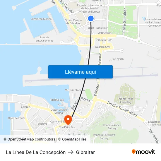 La Línea De La Concepción to Gibraltar map