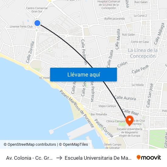 Av. Colonia - Cc. Gran Sur (Carrefour) to Escuela Universitaria De Magisterio Virgen De Europa map
