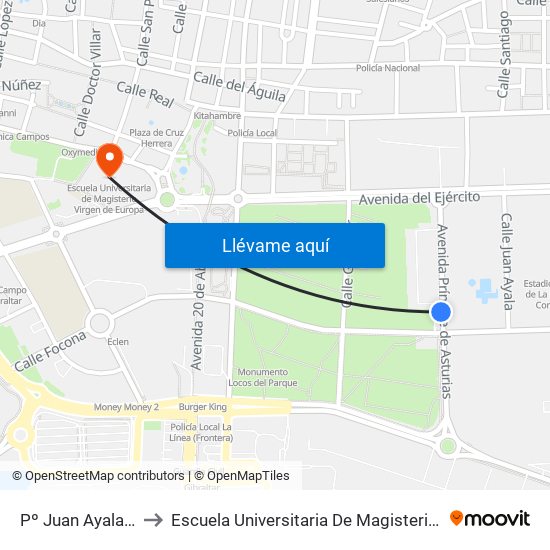 Pº Juan Ayala - Piscina to Escuela Universitaria De Magisterio Virgen De Europa map