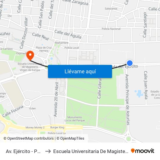 Av. Ejército - Polideportivo to Escuela Universitaria De Magisterio Virgen De Europa map