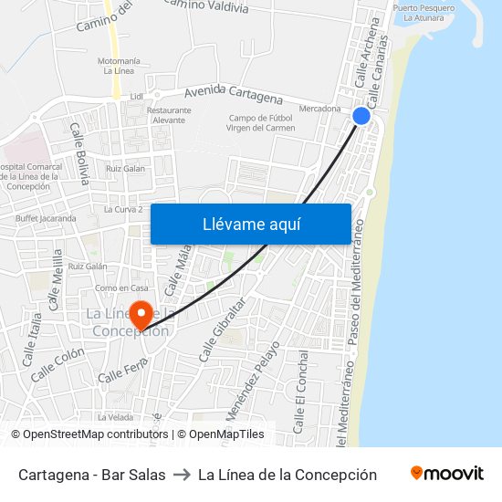 Cartagena - Bar Salas to La Línea de la Concepción map