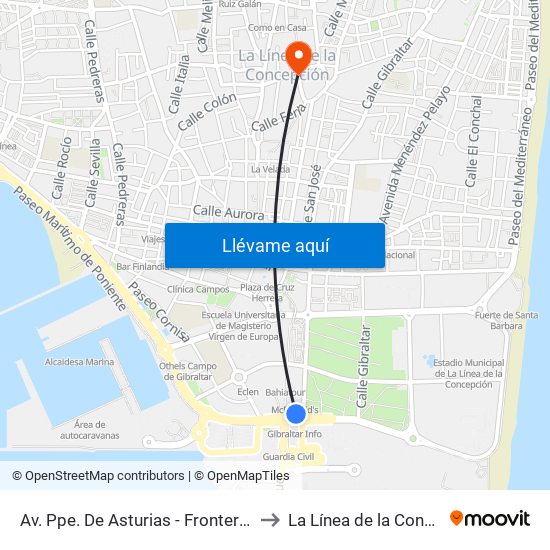 Av. Ppe. De Asturias - Frontera Gibraltar to La Línea de la Concepción map