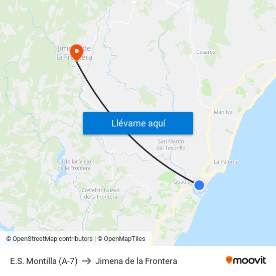 E.S. Montilla (A-7) to Jimena de la Frontera map