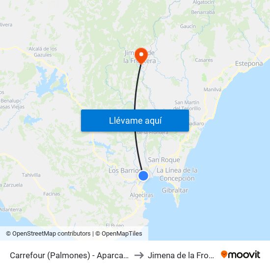 Carrefour (Palmones) - Aparcamiento to Jimena de la Frontera map