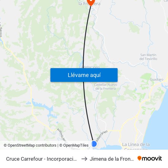 Cruce Carrefour - Incorporación A7 to Jimena de la Frontera map