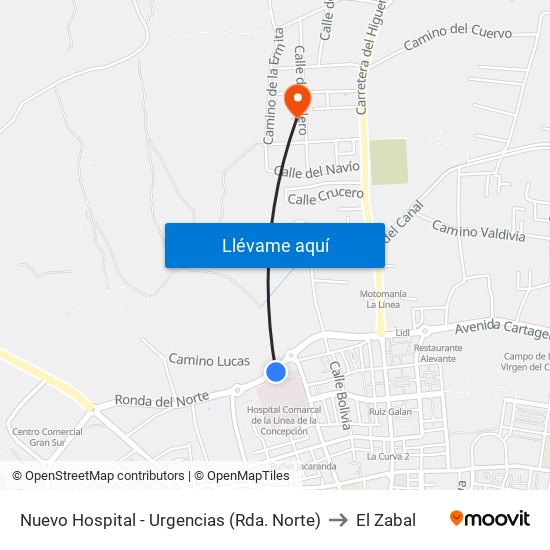 Nuevo Hospital - Urgencias (Rda. Norte) to El Zabal map