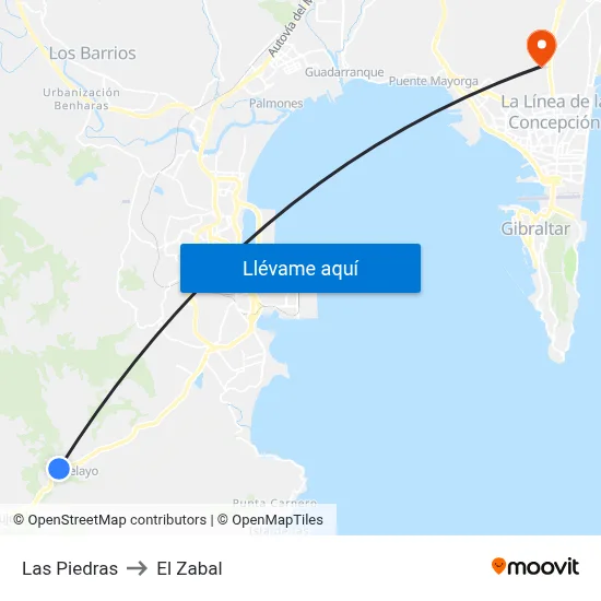 Las Piedras to El Zabal map