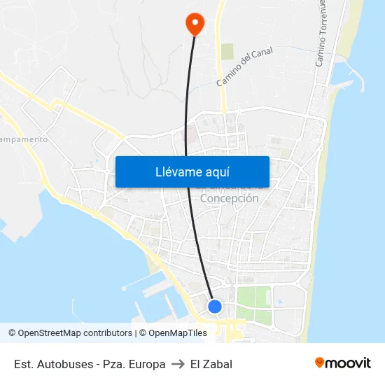 Est. Autobuses - Pza. Europa to El Zabal map