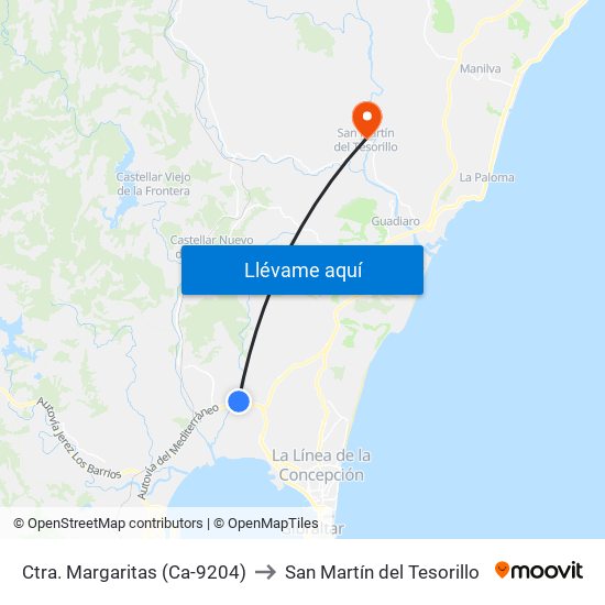 Ctra. Margaritas (Ca-9204) to San Martín del Tesorillo map