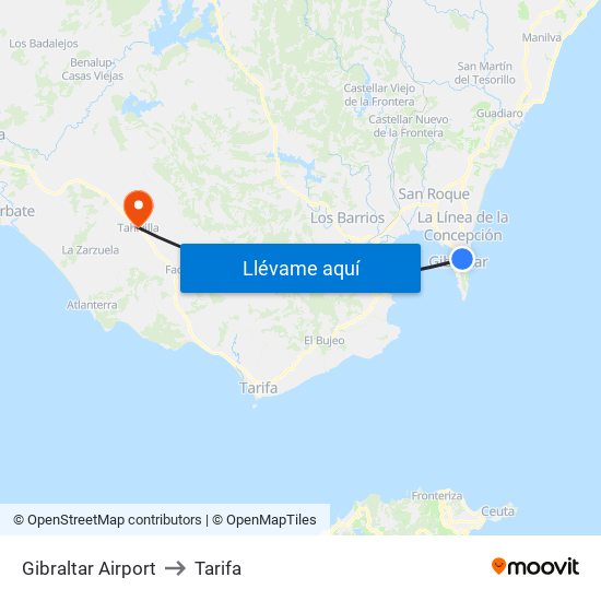 Gibraltar Airport to Tarifa map