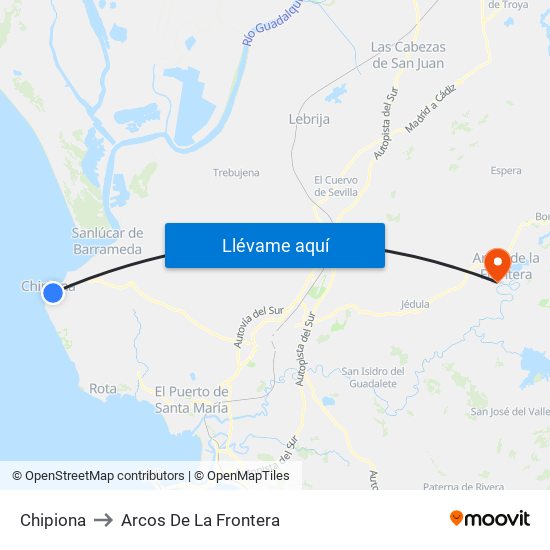 Chipiona to Arcos De La Frontera map