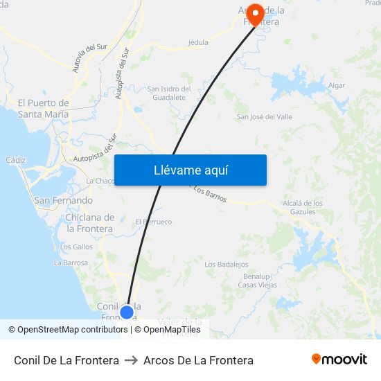 Conil De La Frontera to Arcos De La Frontera map