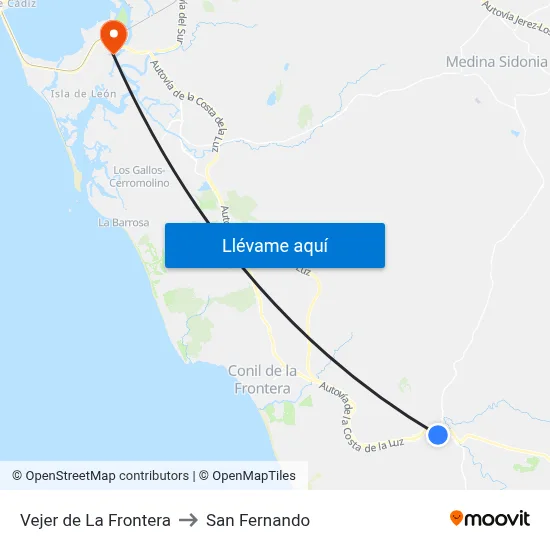 Vejer de La Frontera to San Fernando map
