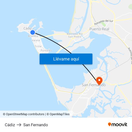 Cádiz to San Fernando map