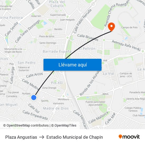 Plaza Angustias to Estadio Municipal de Chapín map