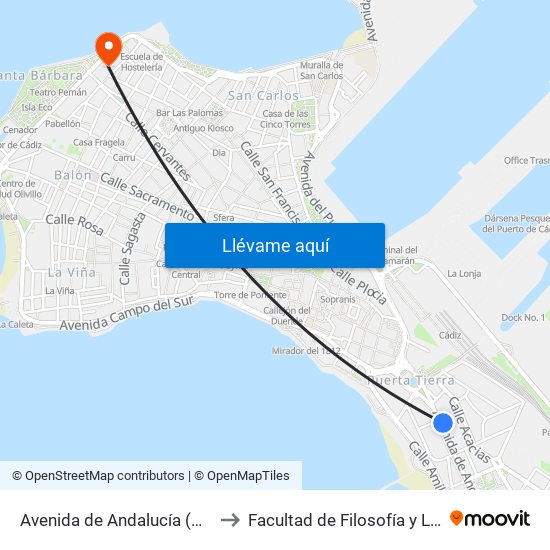 Avenida de Andalucía (Cádiz) to Facultad de Filosofía y Letras map