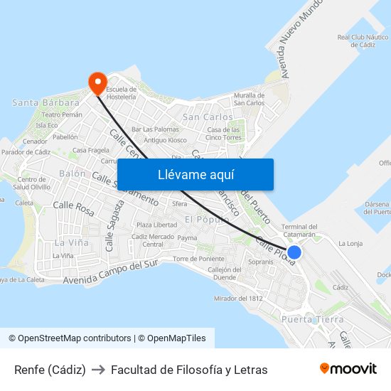 Renfe (Cádiz) to Facultad de Filosofía y Letras map
