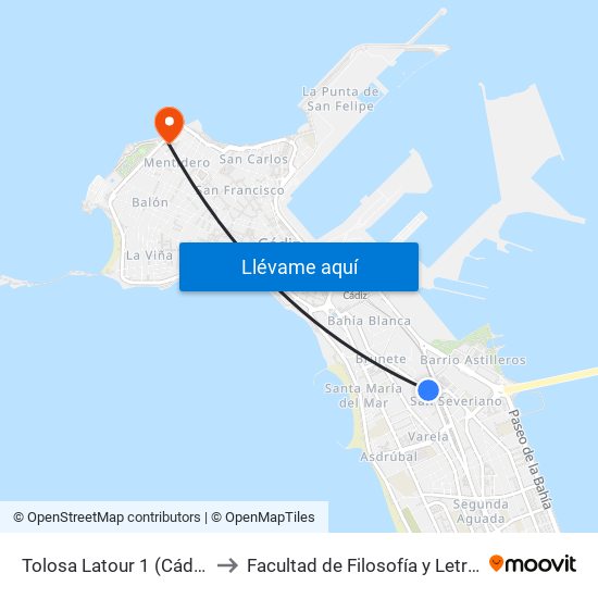 Tolosa Latour 1 (Cádiz) to Facultad de Filosofía y Letras map