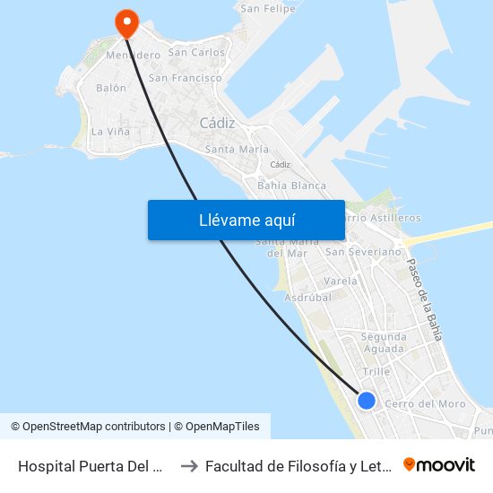 Hospital Puerta Del Mar to Facultad de Filosofía y Letras map