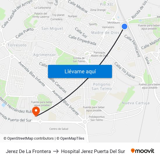 Jerez De La Frontera to Hospital Jerez Puerta Del Sur map