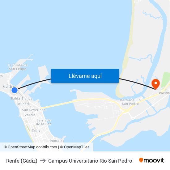 Renfe (Cádiz) to Campus Universitario Río San Pedro map