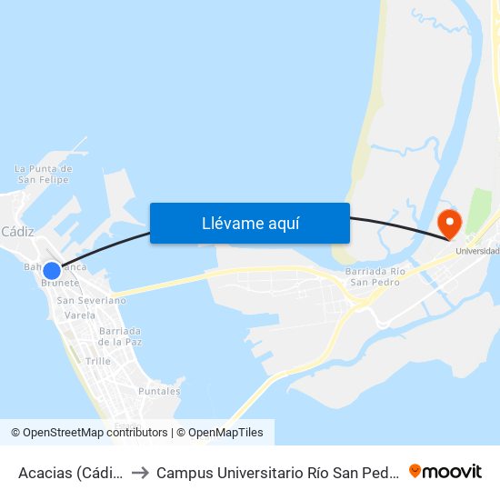 Acacias (Cádiz) to Campus Universitario Río San Pedro map
