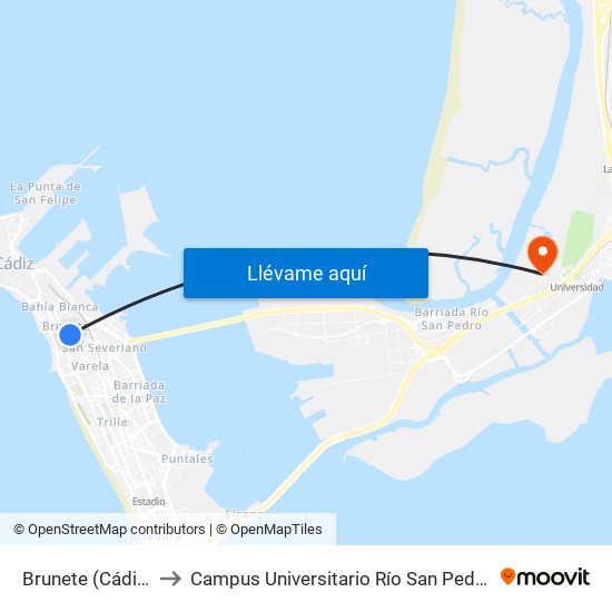 Brunete (Cádiz) to Campus Universitario Río San Pedro map
