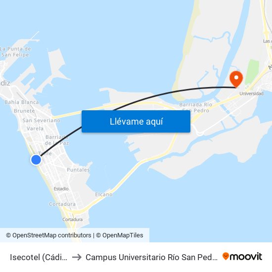 Isecotel (Cádiz) to Campus Universitario Río San Pedro map