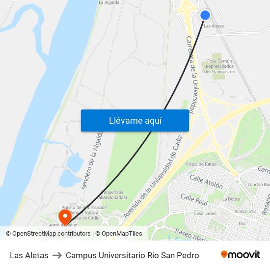 Las Aletas to Campus Universitario Río San Pedro map