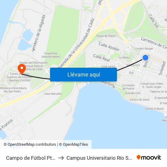 Campo de Fútbol Pto. Real to Campus Universitario Río San Pedro map