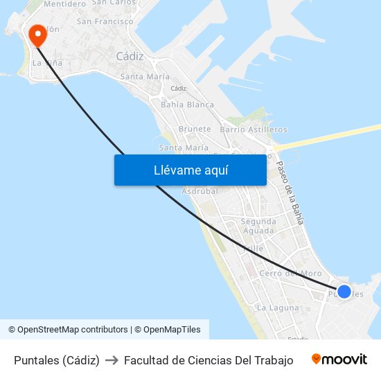 Puntales (Cádiz) to Facultad de Ciencias Del Trabajo map