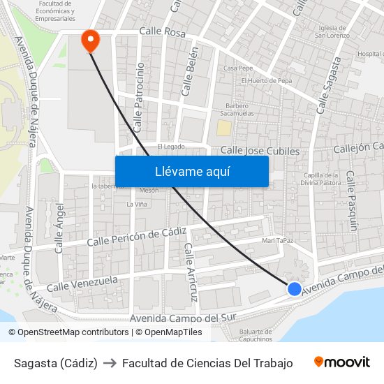 Sagasta (Cádiz) to Facultad de Ciencias Del Trabajo map