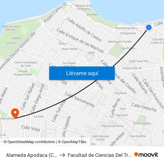 Alameda Apodaca (Cádiz) to Facultad de Ciencias Del Trabajo map