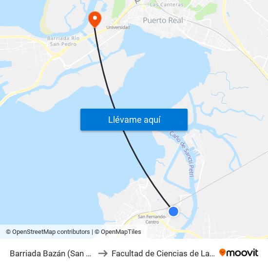 Barriada Bazán (San Fernando) to Facultad de Ciencias de La Educación map