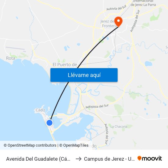 Avenida Del Guadalete (Cádiz) to Campus de Jerez - Uca map