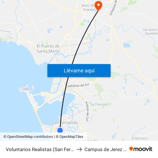 Voluntarios Realistas (San Fernando) to Campus de Jerez - Uca map