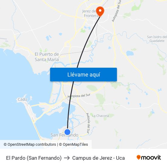 El Pardo (San Fernando) to Campus de Jerez - Uca map