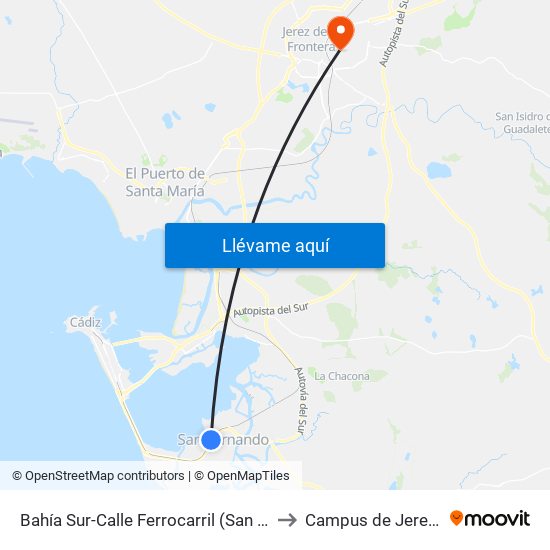 Bahía Sur-Calle Ferrocarril (San Fernando) to Campus de Jerez - Uca map