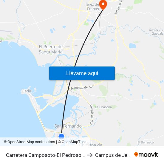 Carretera Camposoto-El Pedroso (San Fernando) to Campus de Jerez - Uca map