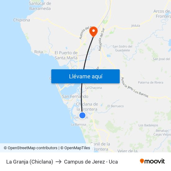La Granja (Chiclana) to Campus de Jerez - Uca map
