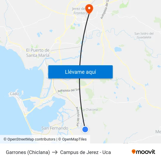 Garrones (Chiclana) to Campus de Jerez - Uca map