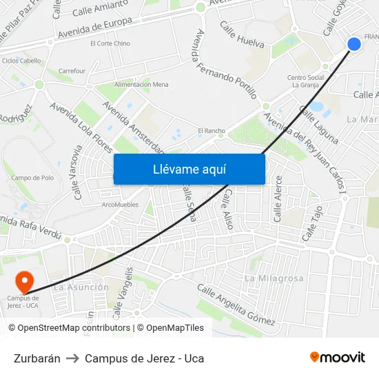 Zurbarán to Campus de Jerez - Uca map