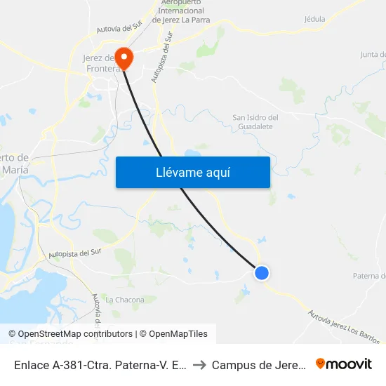 Enlace A-381-Ctra. Paterna-V. El Pedroso to Campus de Jerez - Uca map