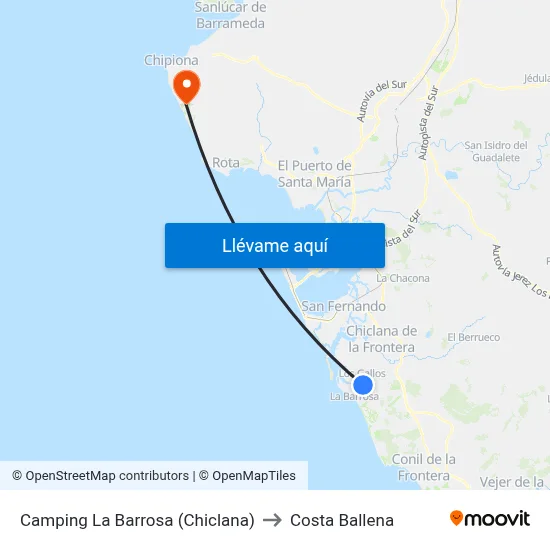 Camping La Barrosa (Chiclana) to Costa Ballena map