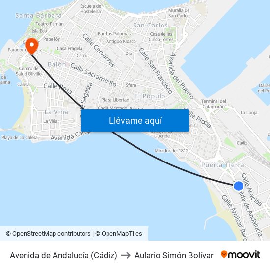 Avenida de Andalucía (Cádiz) to Aulario Simón Bolívar map