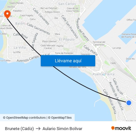 Brunete (Cádiz) to Aulario Simón Bolívar map
