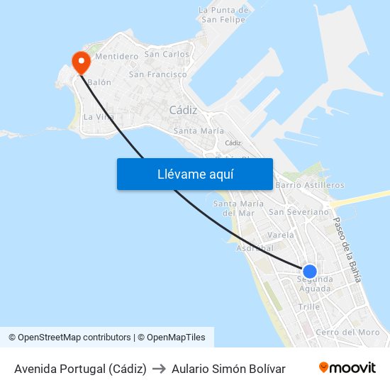 Avenida Portugal (Cádiz) to Aulario Simón Bolívar map